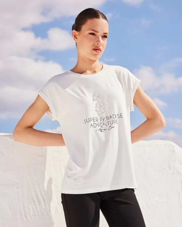 Forel Μπλούζα Εκρού με Ζαπονέ Μανίκι και Σχέδιο με Πέρλες