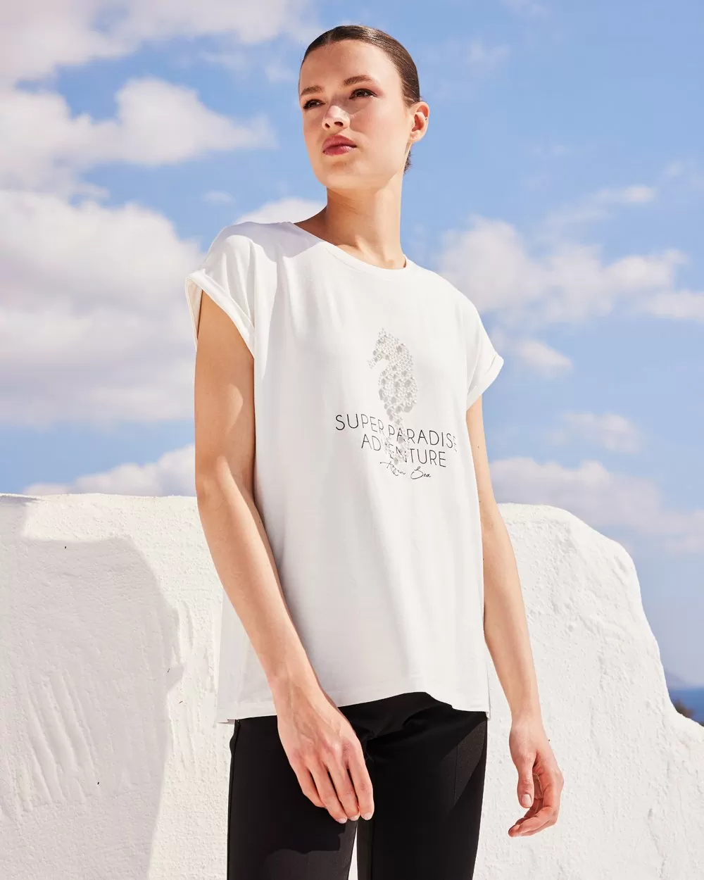 Forel Μπλούζα Εκρού με Ζαπονέ Μανίκι και Σχέδιο με Πέρλες - Image 2