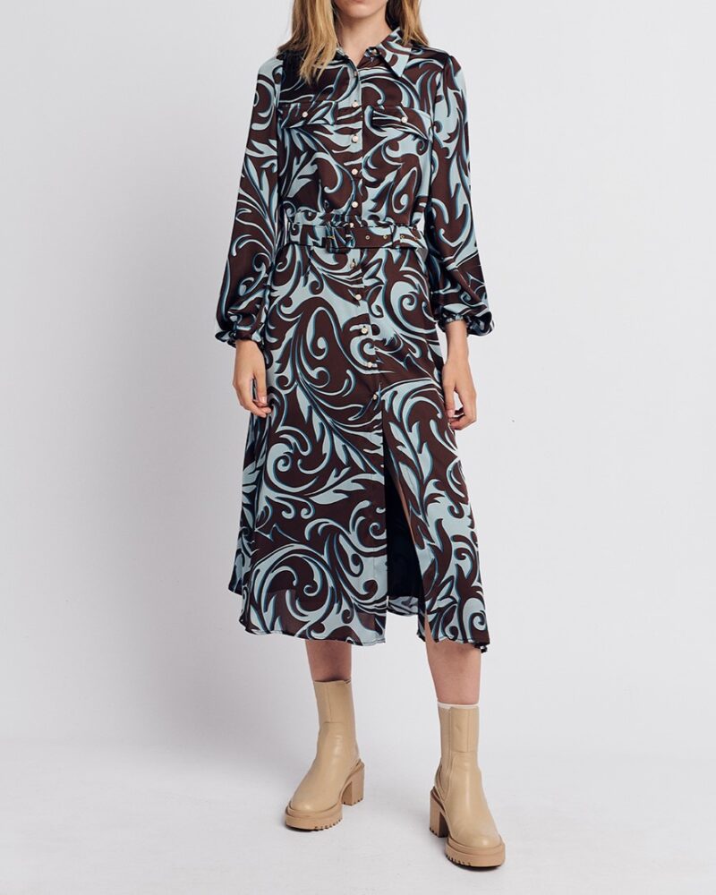 Forel Γυναικείο Φόρεμα Midi Σιέλ Εμπριμέ Σατέν Φόρεμα Σεμιζιέ