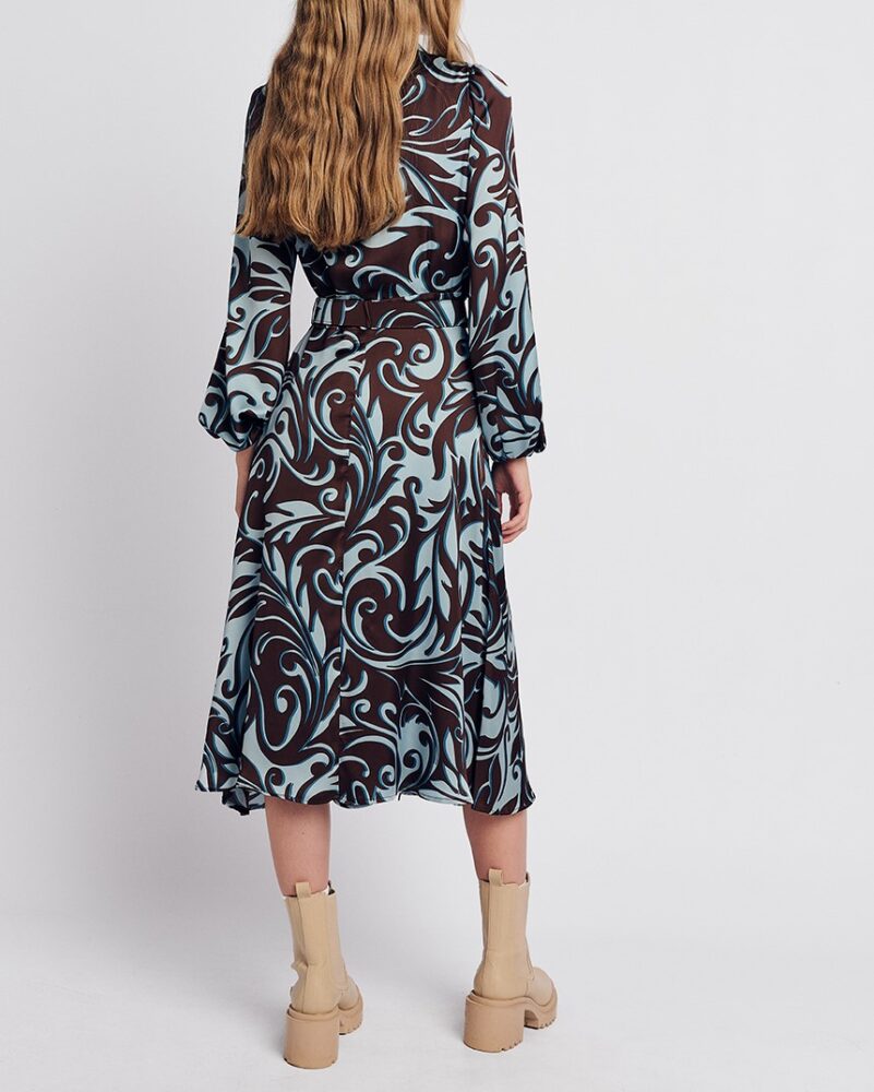 Forel Γυναικείο Φόρεμα Midi Σιέλ Εμπριμέ Σατέν Φόρεμα Σεμιζιέ - Image 2