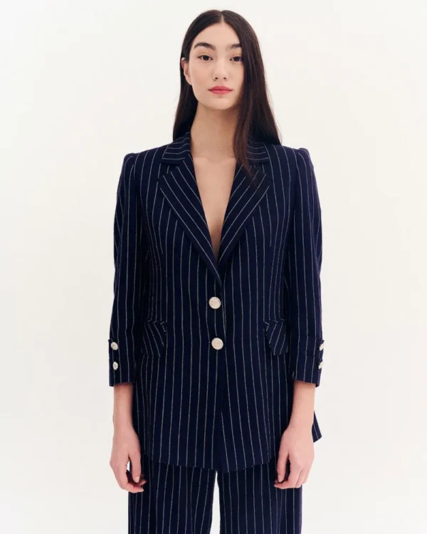 Forel Γυναικείο Σακάκι Μακρύ Ριγέ Μπλέ Σκούρο