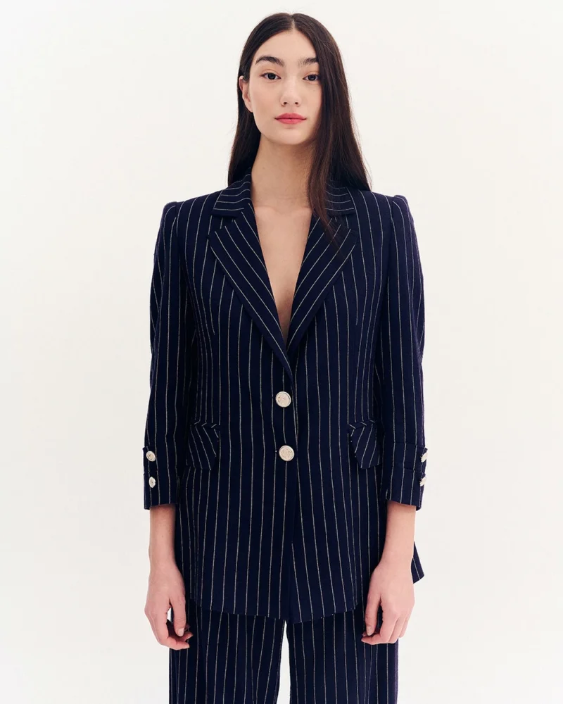 Forel Γυναικείο Σακάκι Μακρύ Ριγέ Μπλέ Σκούρο