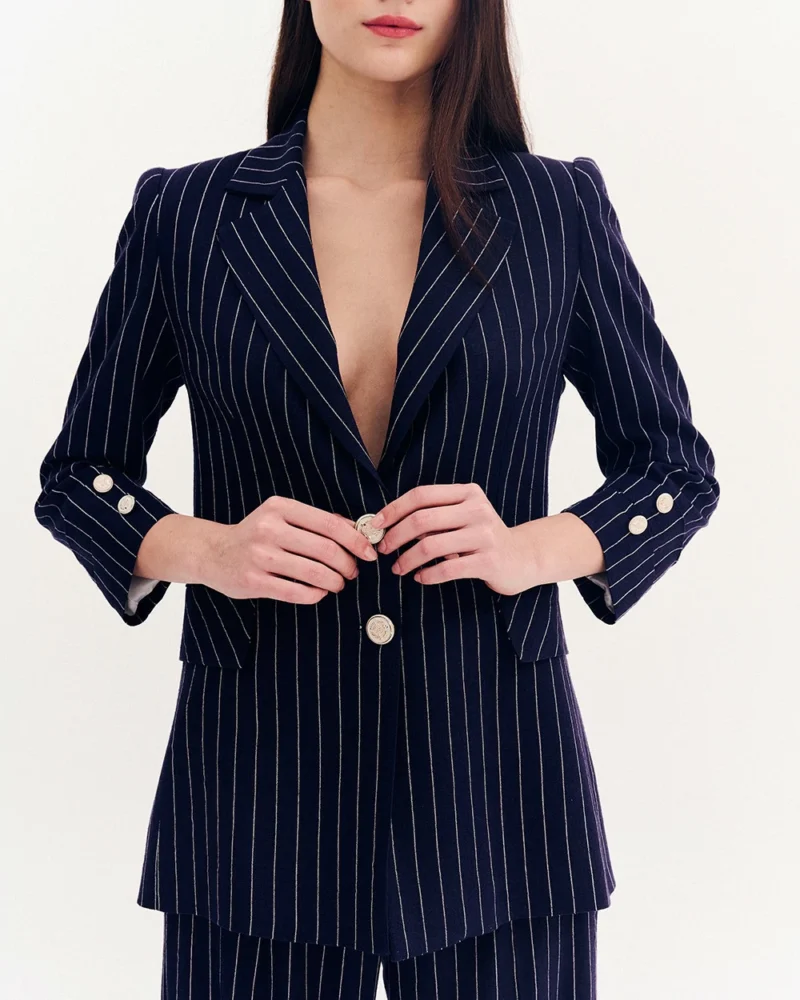 Forel Γυναικείο Σακάκι Μακρύ Ριγέ Μπλέ Σκούρο - Image 4