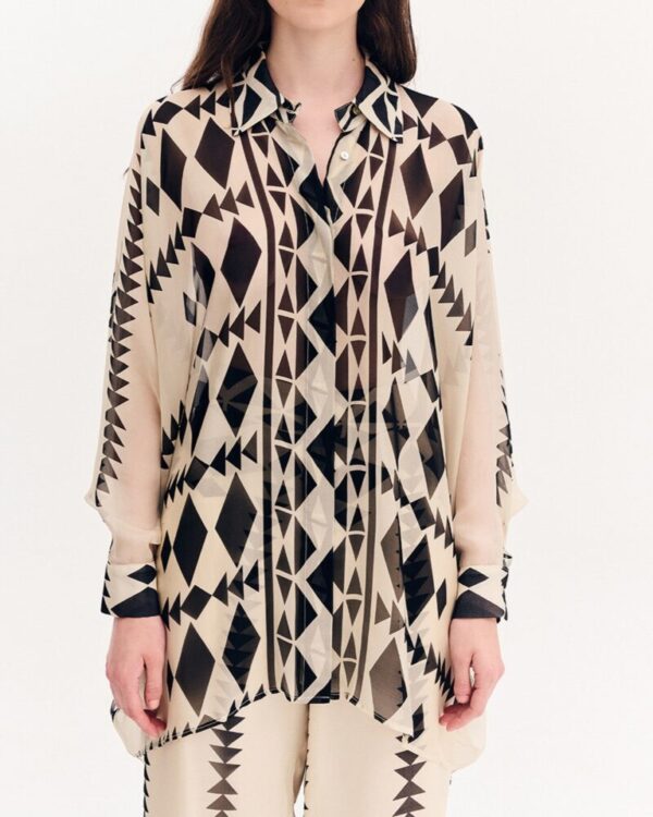 Forel Πουκάμισο Oversize Μπεζ- Μαύρο Εμπριμέ με Γεωμετρικά Σχέδια