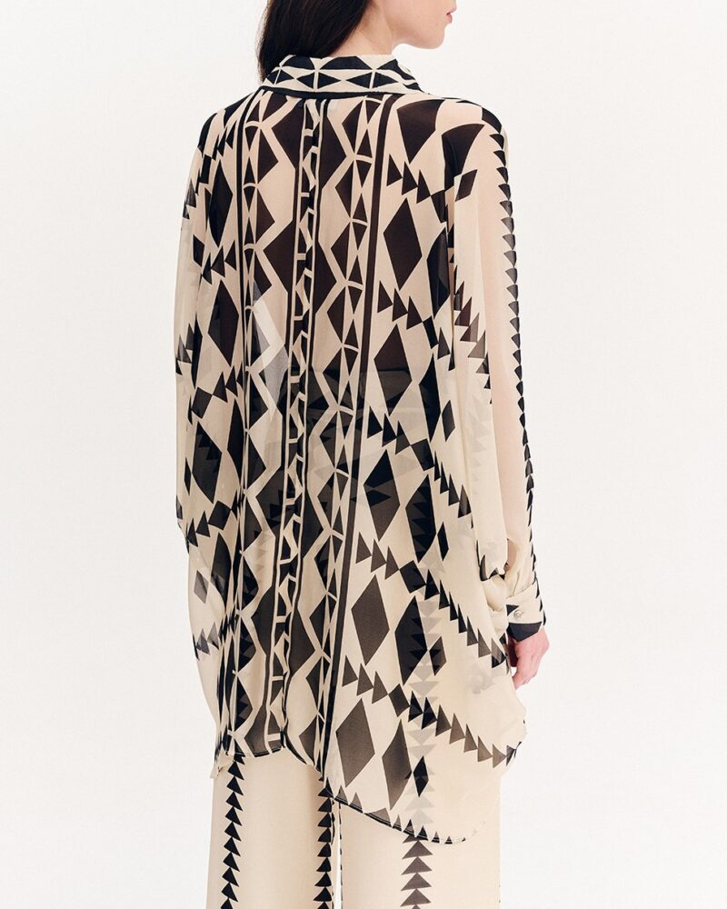 Forel Πουκάμισο Oversize Μπεζ- Μαύρο Εμπριμέ με Γεωμετρικά Σχέδια - Image 2