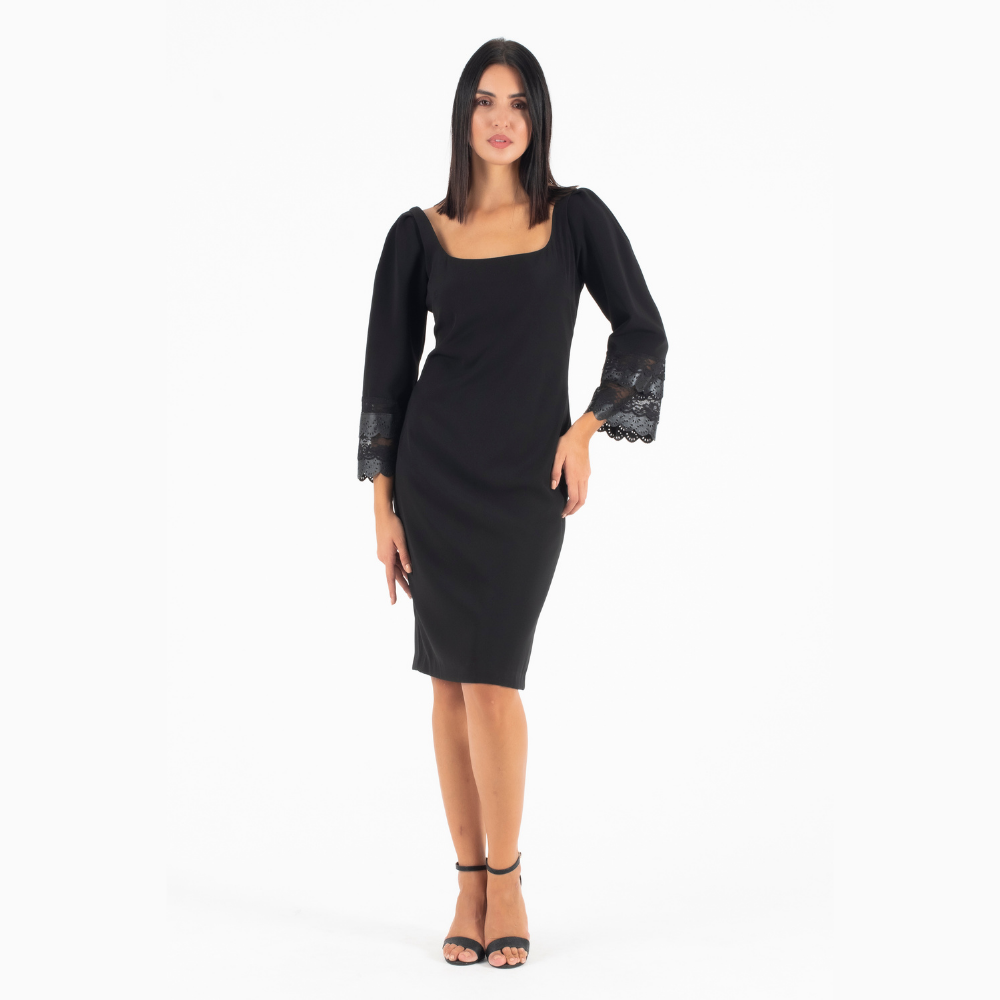 Manolo Μαύρο Midi Φόρεμα με δαντέλα απο Δερματίνη στο μανίκι