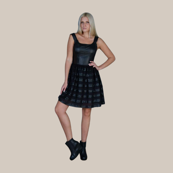 C. Manolo Μαύρο Mini Δερματίνη Φόρεμα με φαρδιά ράντα