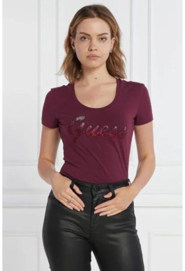 Guess Μπορντό  T-shirt με strass στο λογότυπο