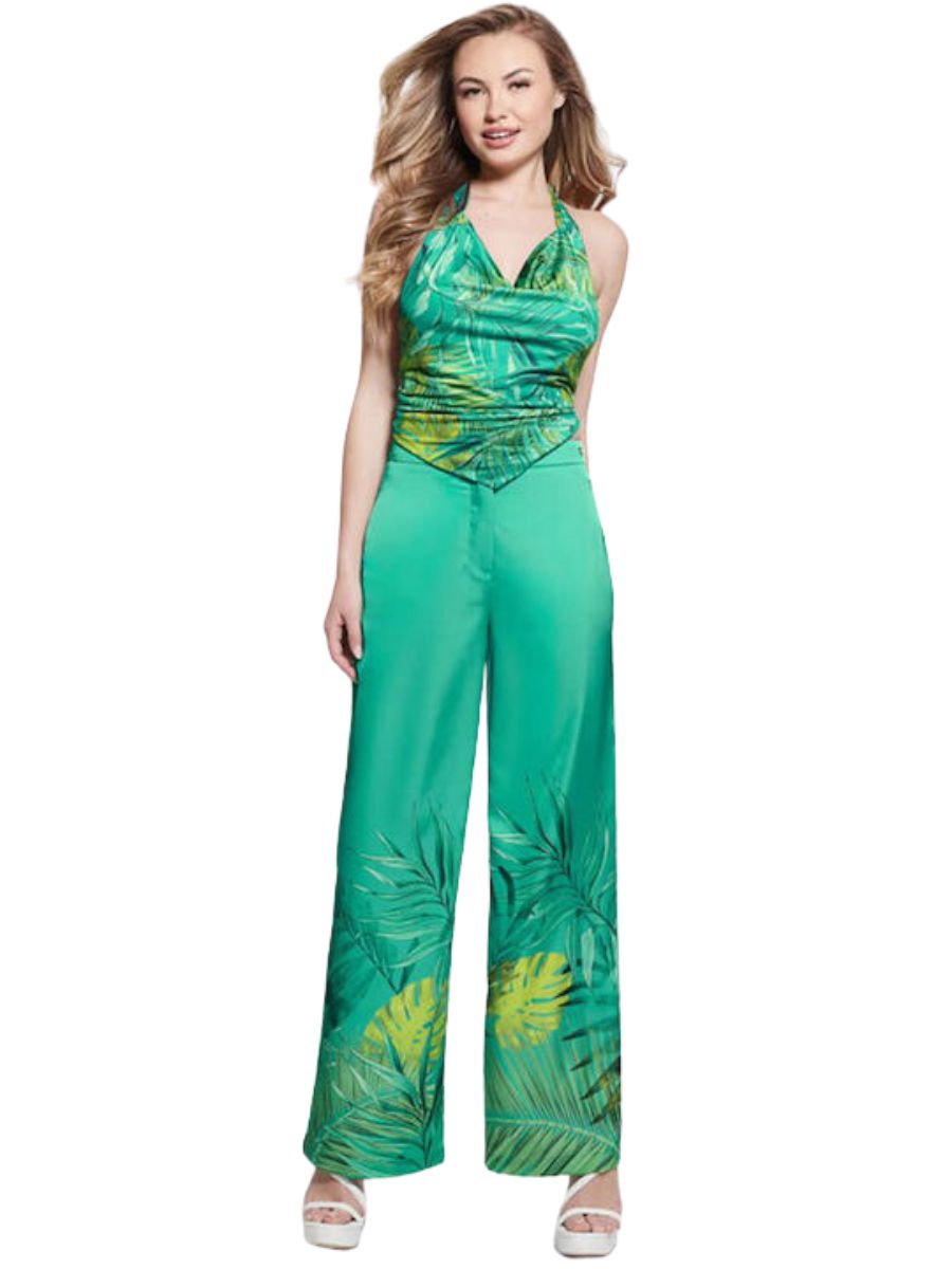 Guess Παντελόνα Ψηλόμεση Σατέν σε Wide Γραμμή Πράσινη