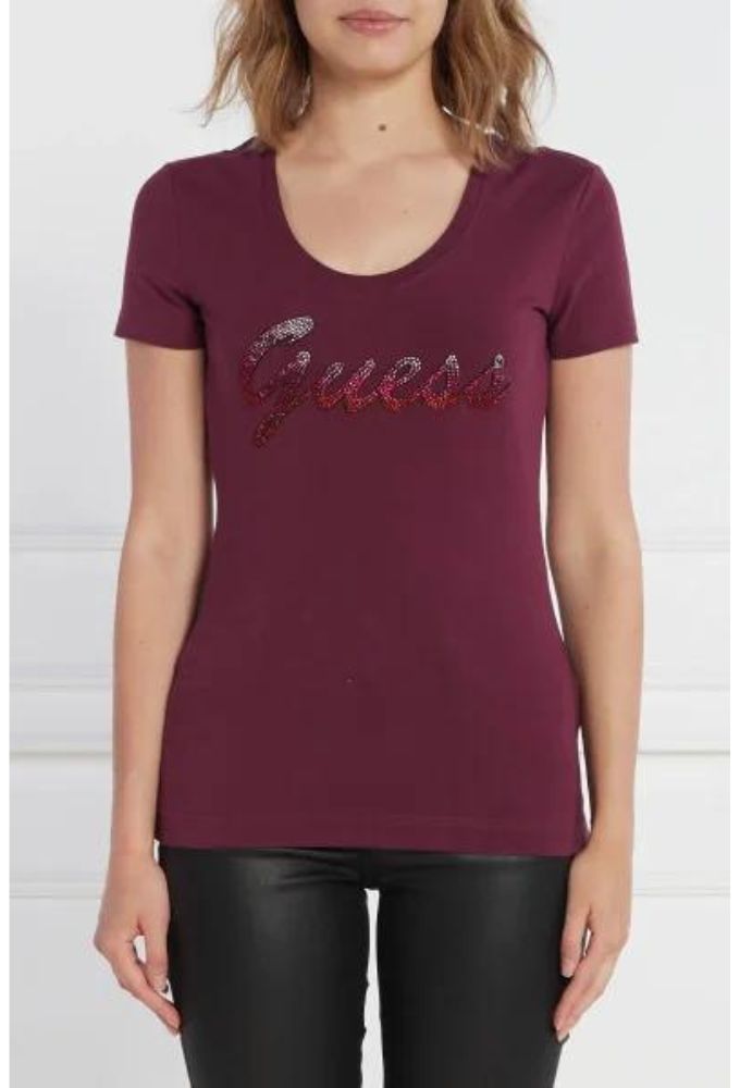 Guess Μπορντό T-shirt με strass στο λογότυπο - Image 3