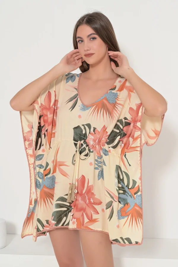 Fullah Sugah Καφτάνι Floral με Κορδόνι στη Μέση Πορτοκαλί