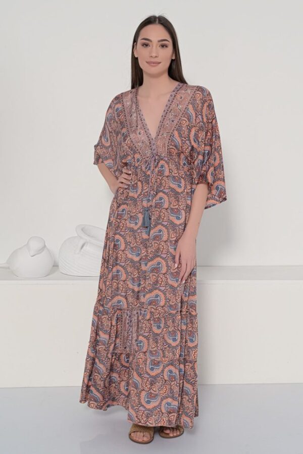 Fullah Sugah Φόρεμα Εμπριμέ Σομόν με Χυτό Μανίκι