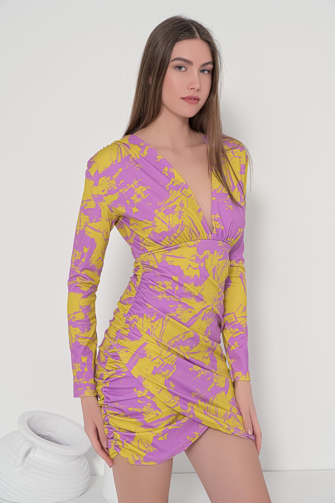 Fullah Sugah Φόρεμα Εμπριμέ με Ανοιχτό Ντεκολντέ και Σούρες Μπροστά - Image 3