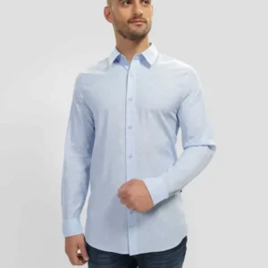 Guess Sunset Ανδρικό Πουκάμισο Μακρυμάνικo με Στενή Γραμμή Γαλάζιο