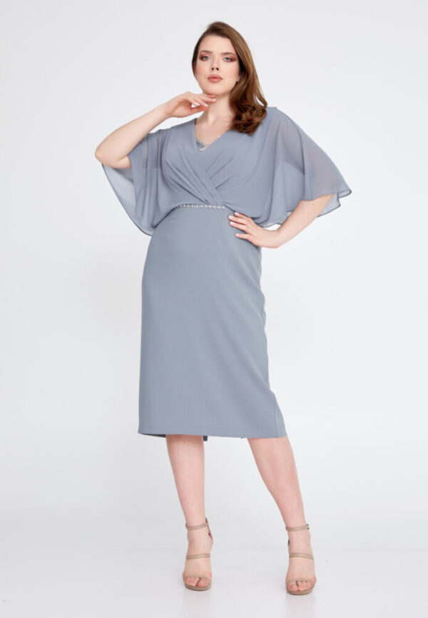 Γκρί Ανοιχτό Κοντομανικο Βραδινό Midi Φόρεμα