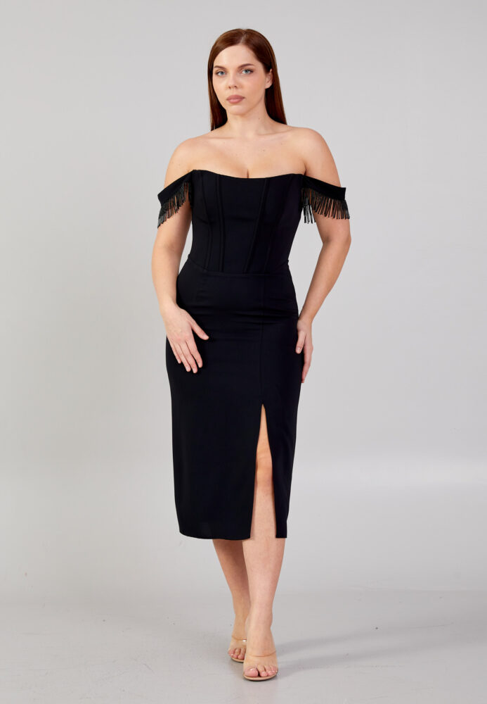 Μαύρο ελαστικό pencil midi φόρεμα με ριχτούς ώμους