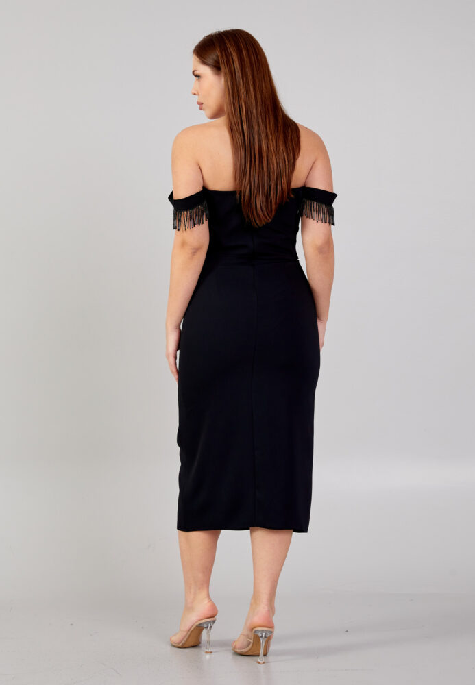 Μαύρο ελαστικό pencil midi φόρεμα με ριχτούς ώμους - Image 2