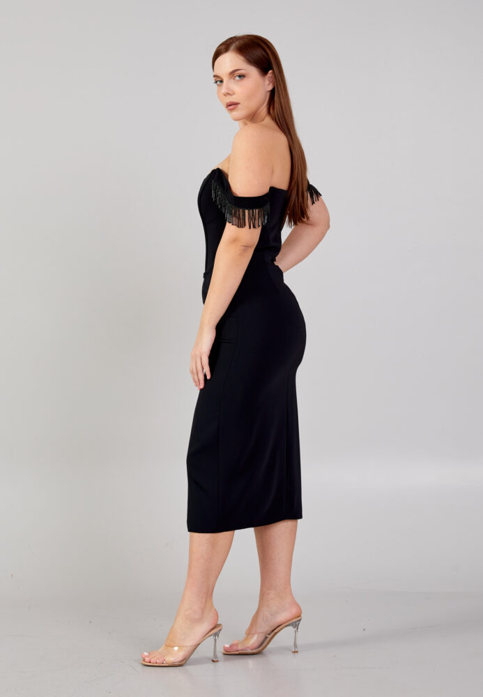 Μαύρο ελαστικό pencil midi φόρεμα με ριχτούς ώμους - Image 3