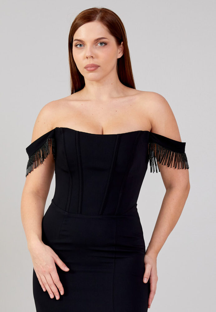 Μαύρο ελαστικό pencil midi φόρεμα με ριχτούς ώμους - Image 4