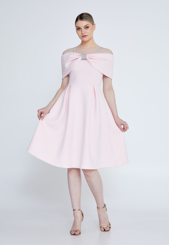 Ροζ Cocktail Midi Φόρεμα σε Α γραμμή με χαμηλούς ώμους .