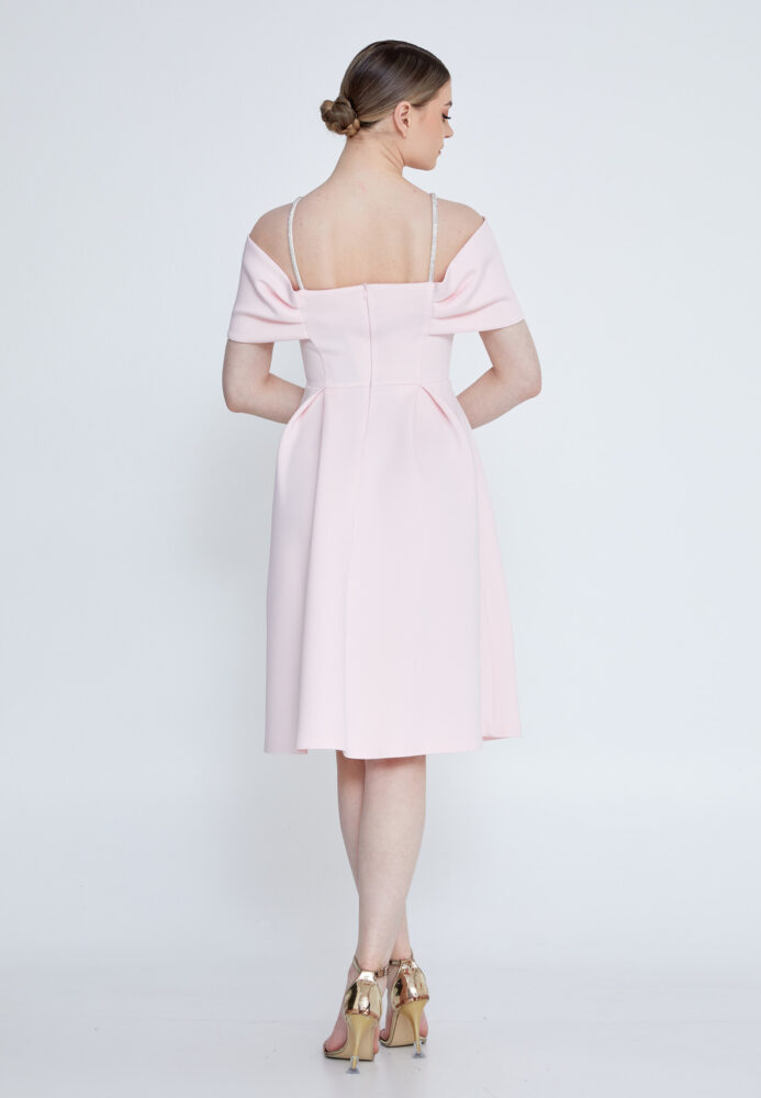 Ροζ Cocktail Midi Φόρεμα σε Α γραμμή με χαμηλούς ώμους . - Image 3