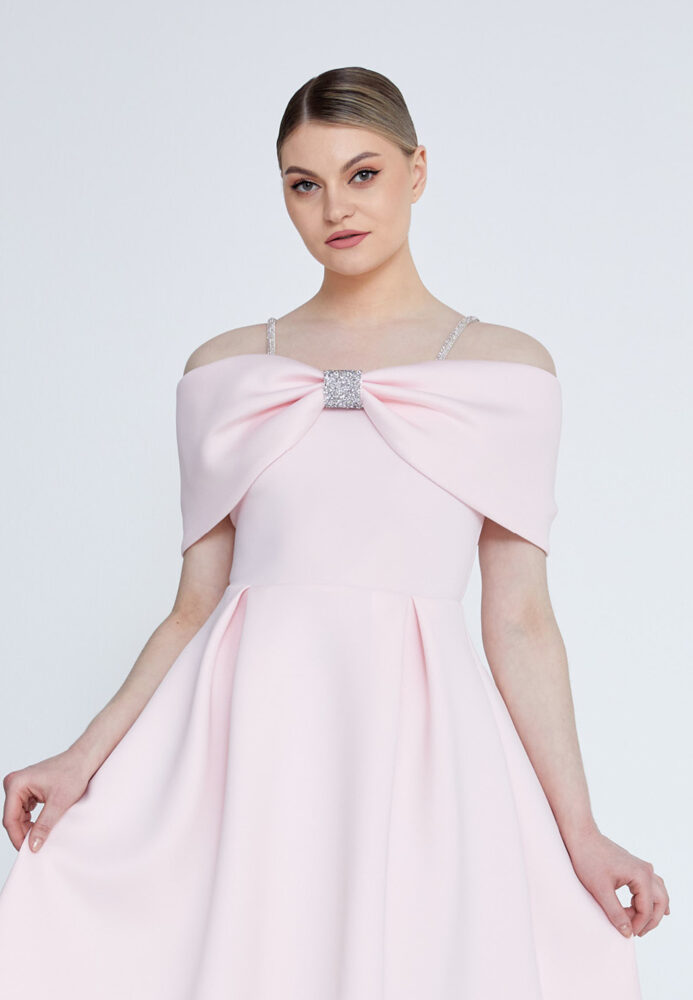 Ροζ Cocktail Midi Φόρεμα σε Α γραμμή με χαμηλούς ώμους . - Image 2