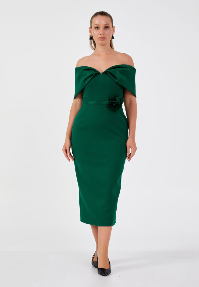 Πράσινο Κυπαρισί Crepe Midi Φόρεμα με χαμηλούς ώμους