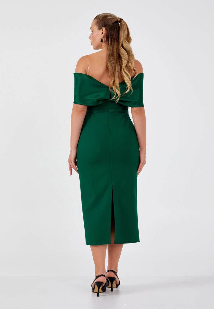 Πράσινο Κυπαρισί Crepe Midi Φόρεμα με χαμηλούς ώμους - Image 4