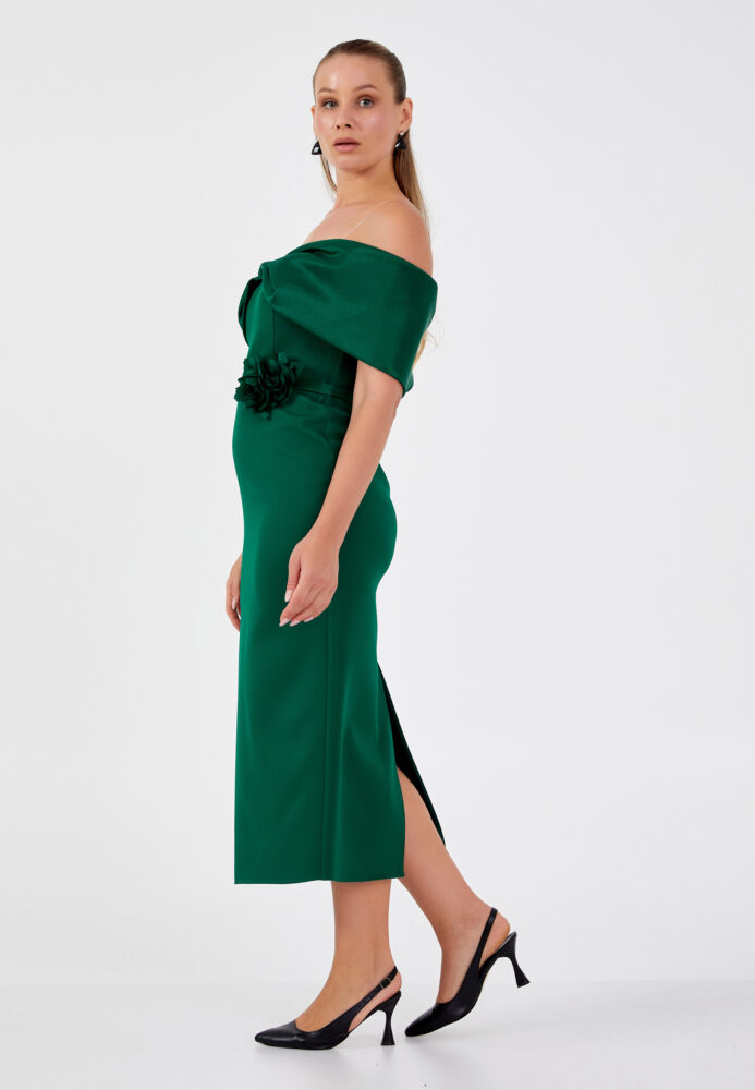 Πράσινο Κυπαρισί Crepe Midi Φόρεμα με χαμηλούς ώμους - Image 3