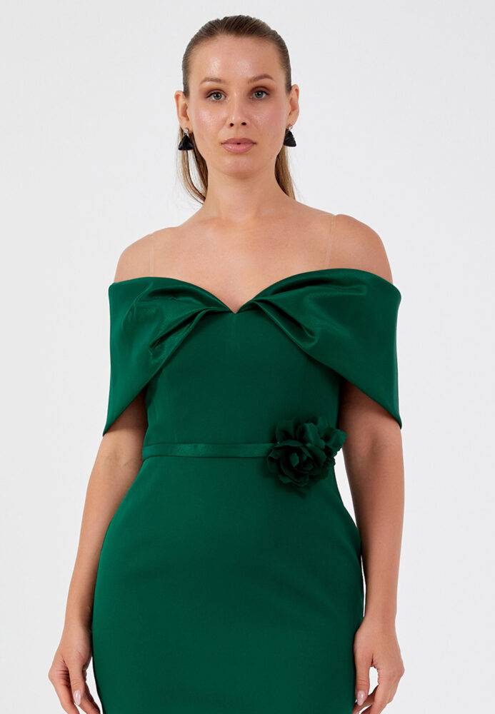 Πράσινο Κυπαρισί Crepe Midi Φόρεμα με χαμηλούς ώμους - Image 2