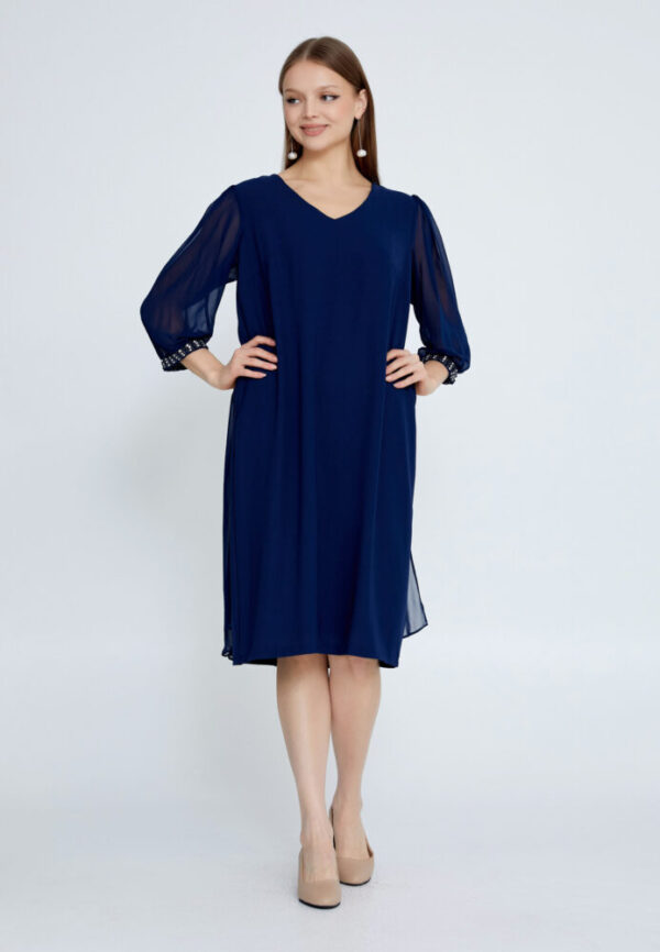 Μπλέ Σκούρο Βισκόζ Midi Φόρεμα με ημίκοντο μανίκι