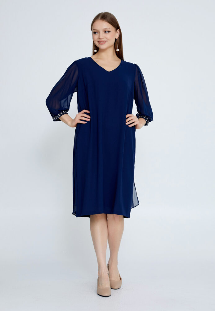 Μπλέ Σκούρο Βισκόζ Midi Φόρεμα με ημίκοντο μανίκι