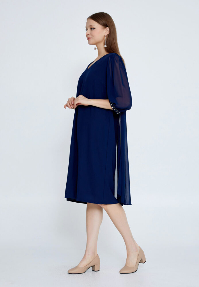 Μπλέ Σκούρο Βισκόζ Midi Φόρεμα με ημίκοντο μανίκι - Image 3