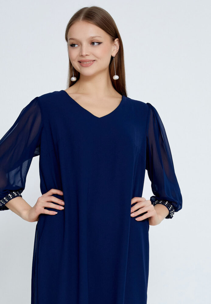 Μπλέ Σκούρο Βισκόζ Midi Φόρεμα με ημίκοντο μανίκι - Image 2