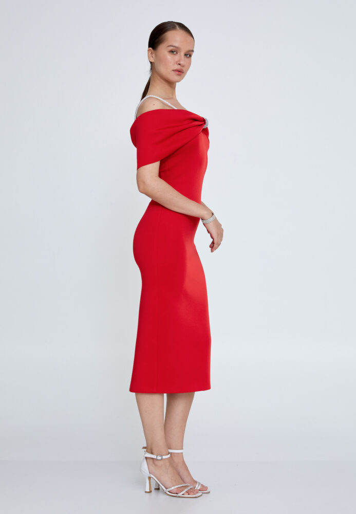 Κόκκινο Midi Στενό Ελαστικό κρεπ φόρεμα - Image 3