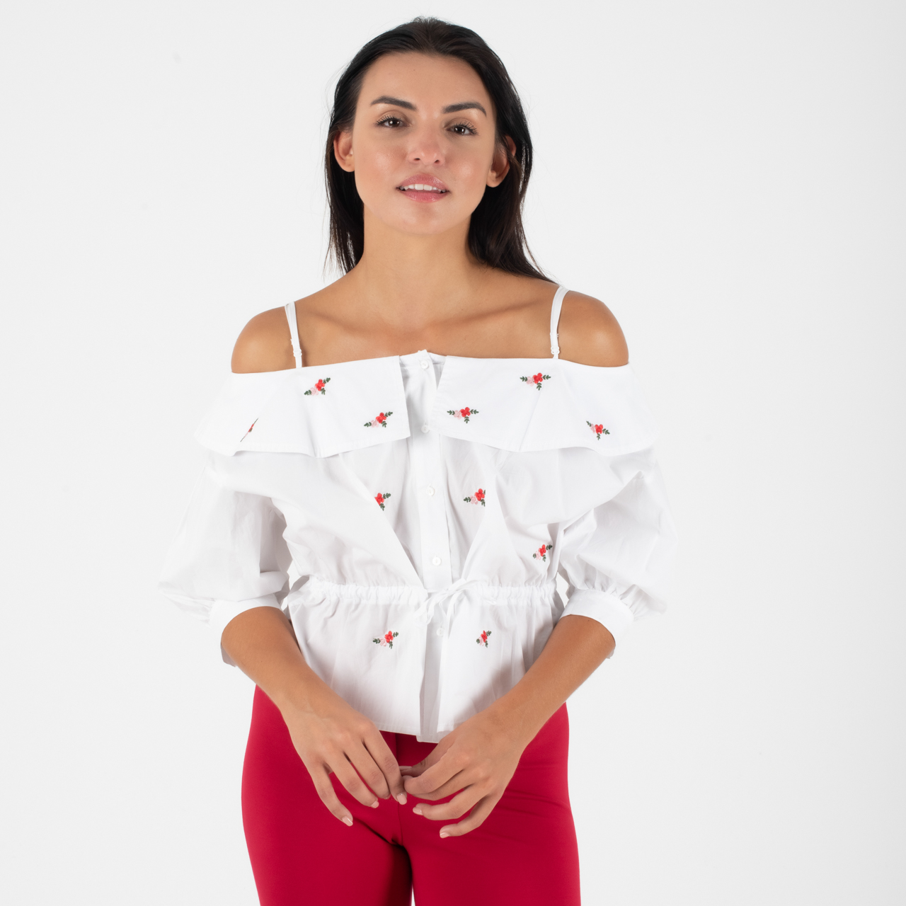 Relish Άσπρο Πουκάμισο με Διακριτικά Κεντημένα Λουλούδια