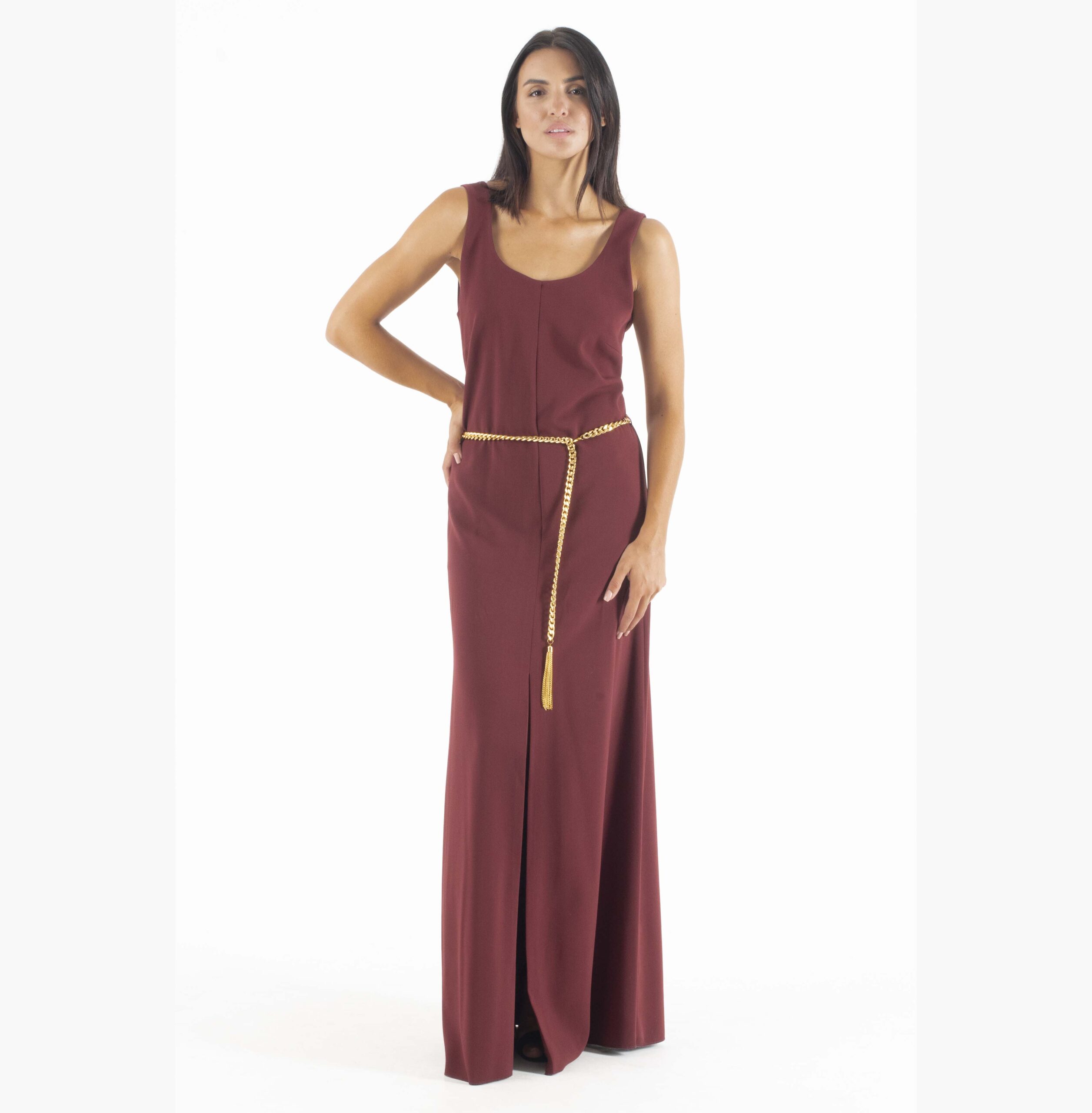 C. Manolo Μπορντό maxi Φόρεμα με Χρυσή Αλυσίδα στη Μέση - Image 2