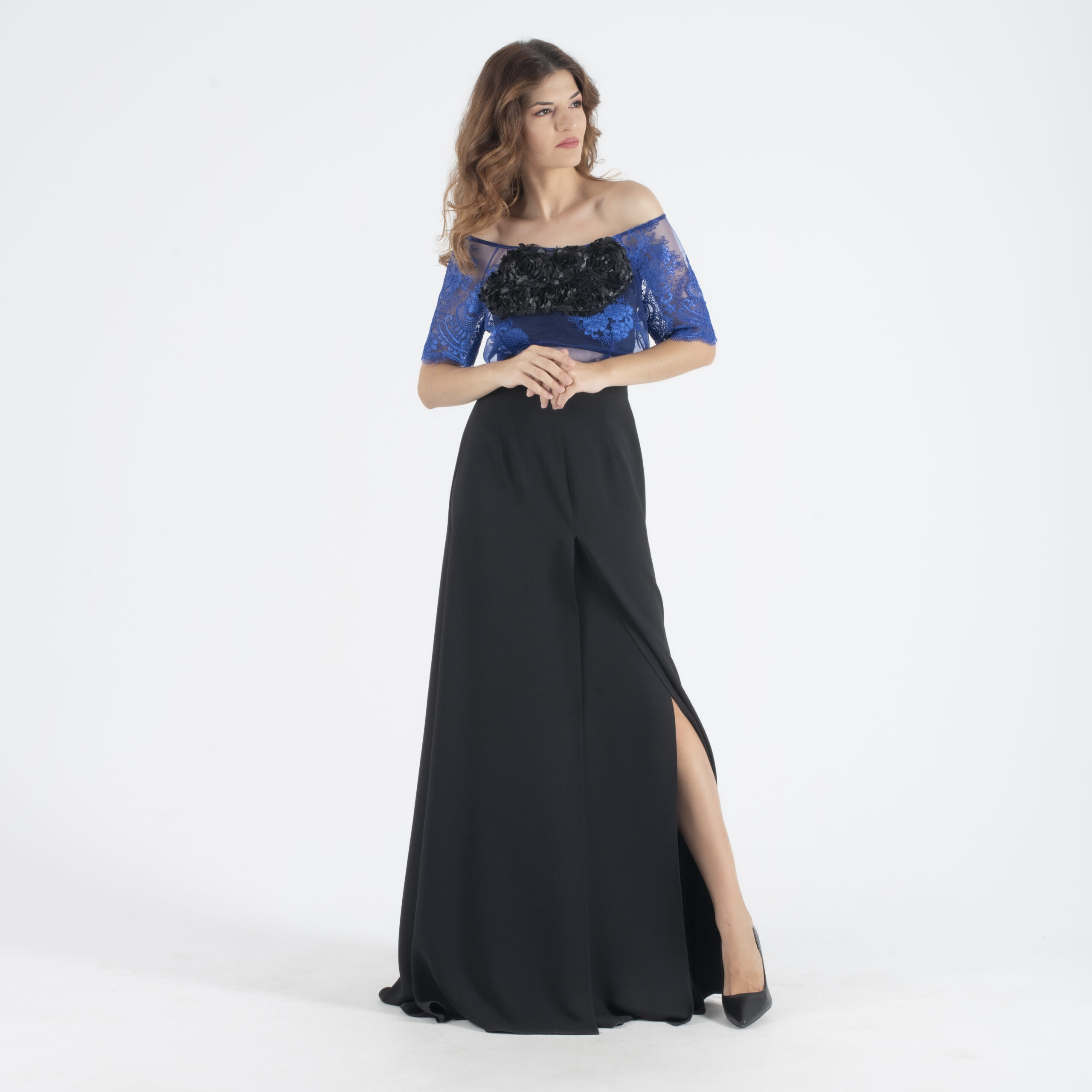 Mischalis Maxi Μαύρη Φούστα Σετ με Μπλέ Δαντελωτό Τοπ by July Two