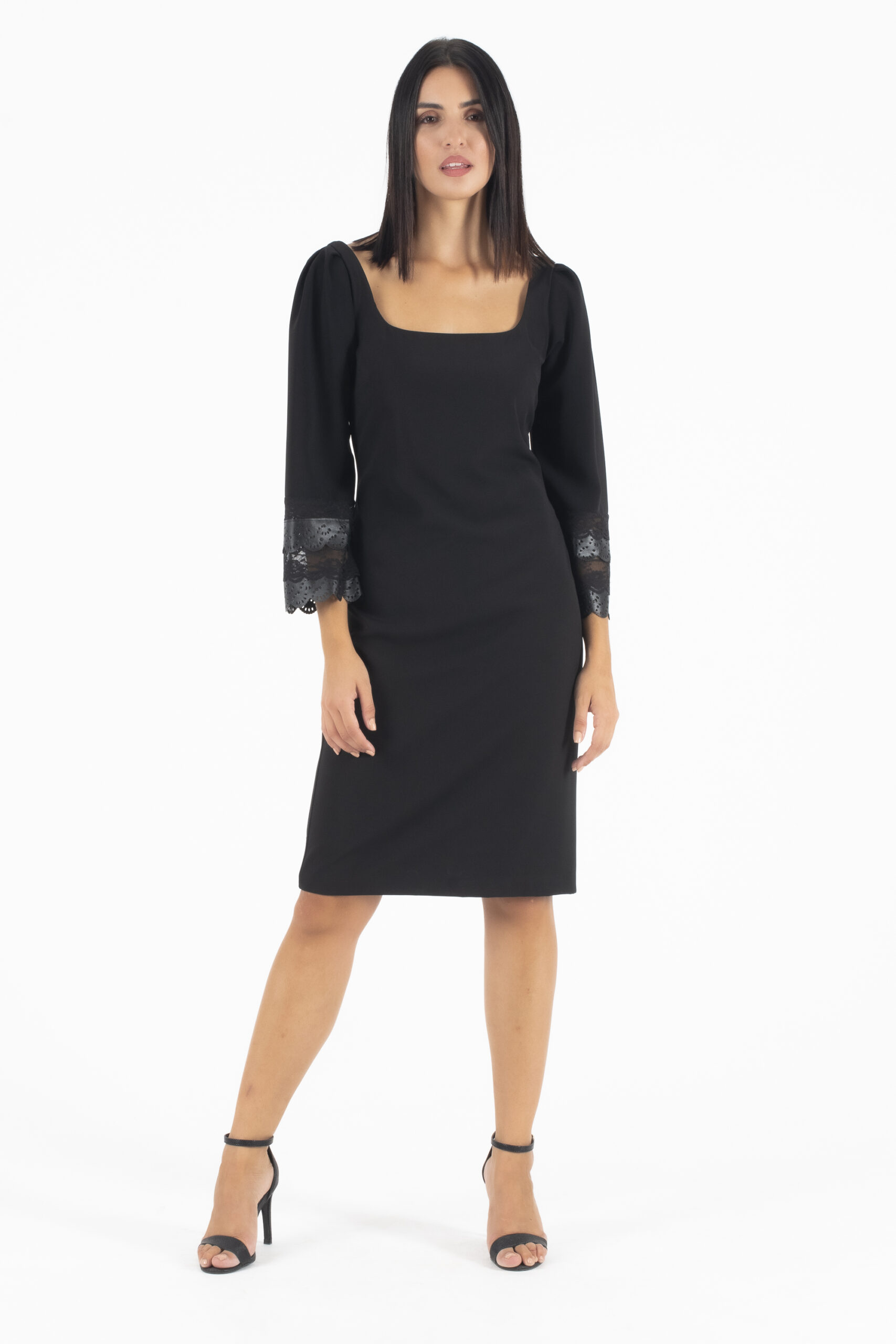 Manolo Μαύρο Midi Φόρεμα με δαντέλα απο Δερματίνη στο μανίκι - Image 3