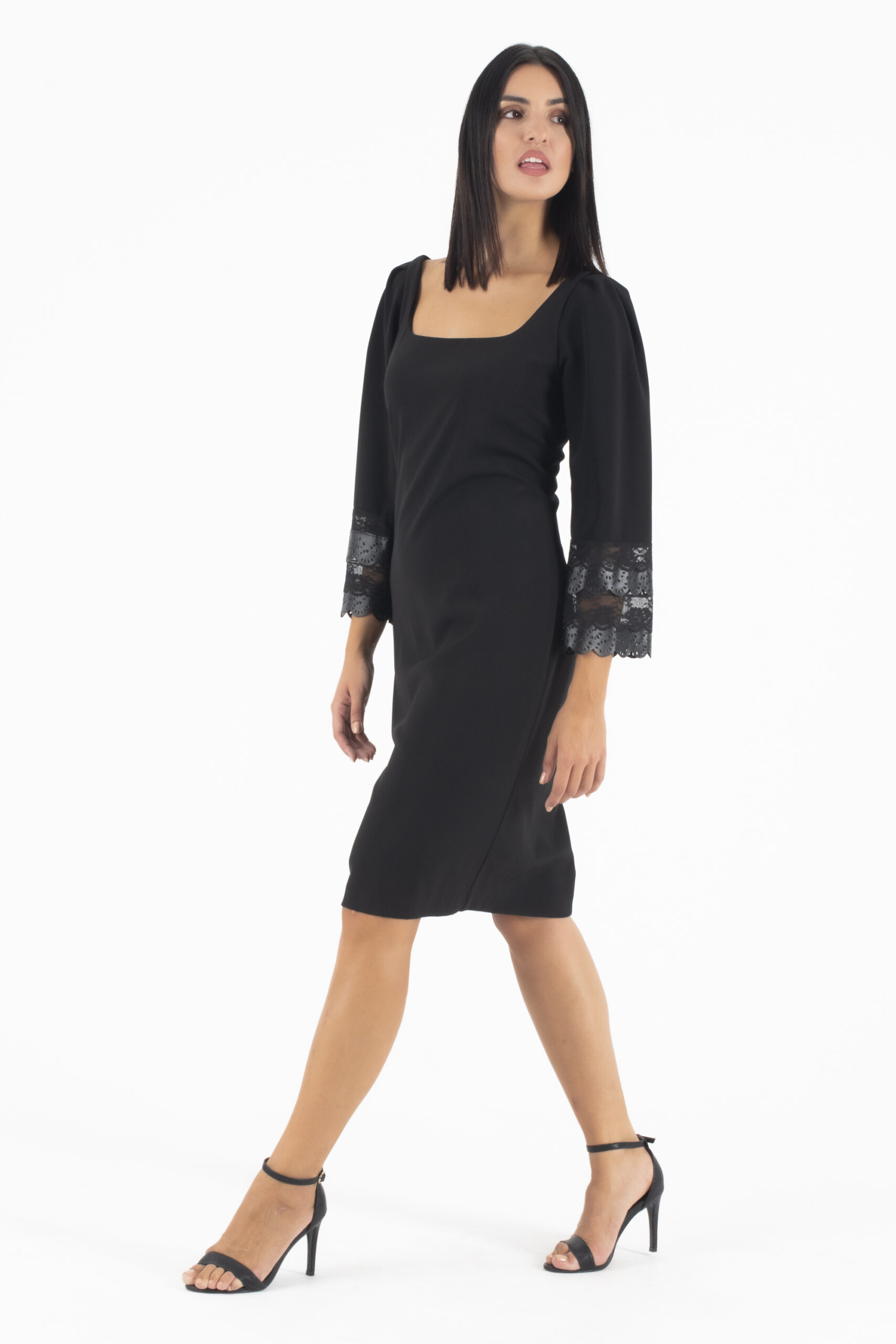 Manolo Μαύρο Midi Φόρεμα με δαντέλα απο Δερματίνη στο μανίκι - Image 5