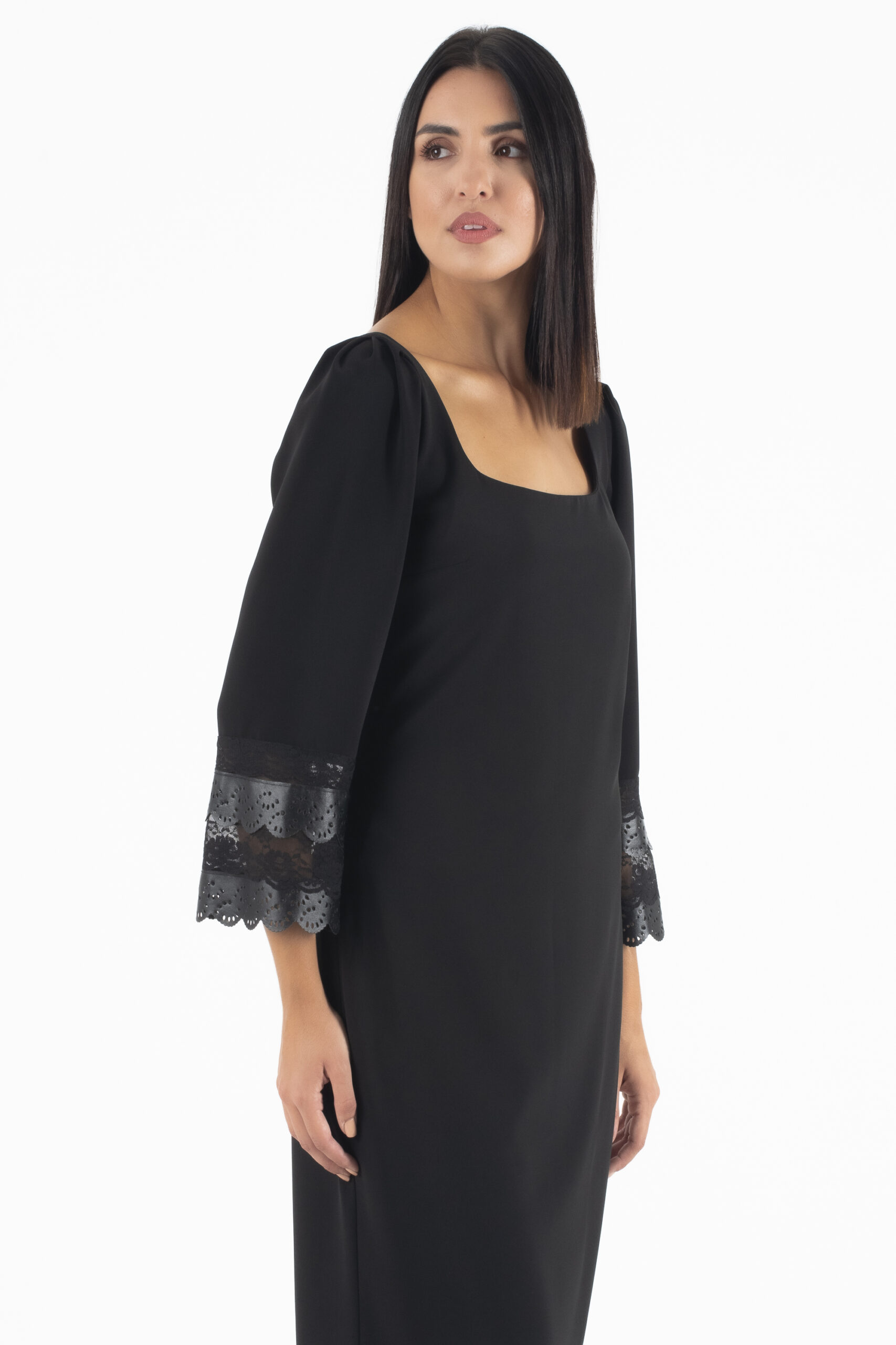 Manolo Μαύρο Midi Φόρεμα με δαντέλα απο Δερματίνη στο μανίκι - Image 6