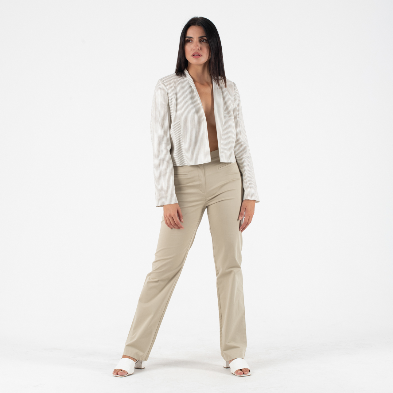 Forel Γυναικείο Εκρού Κοντό Σακάκι Ριγέ - Image 4