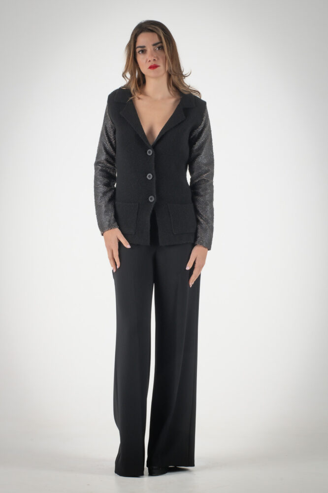 Manolo Μεσάτο Μαύρο Πλεκτό Σακάκι με δερμάτινα μανίκια - Image 2