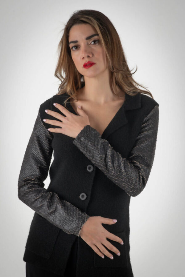 Manolo Μεσάτο Μαύρο  Πλεκτό Σακάκι με δερμάτινα μανίκια