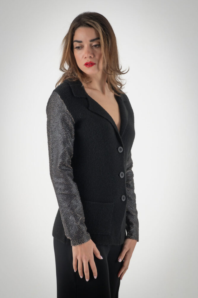 Manolo Μεσάτο Μαύρο Πλεκτό Σακάκι με δερμάτινα μανίκια - Image 4