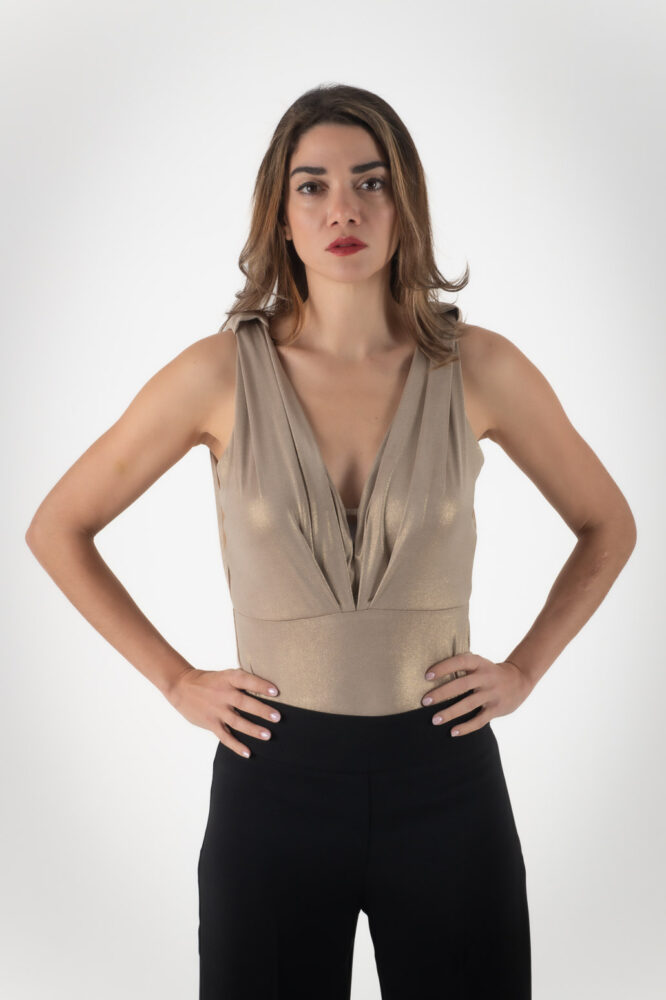 Mischalis Χρυσό Μπεζ Μεταλιζέ Κορμάκι με μαύρους φιόγκους - Image 4