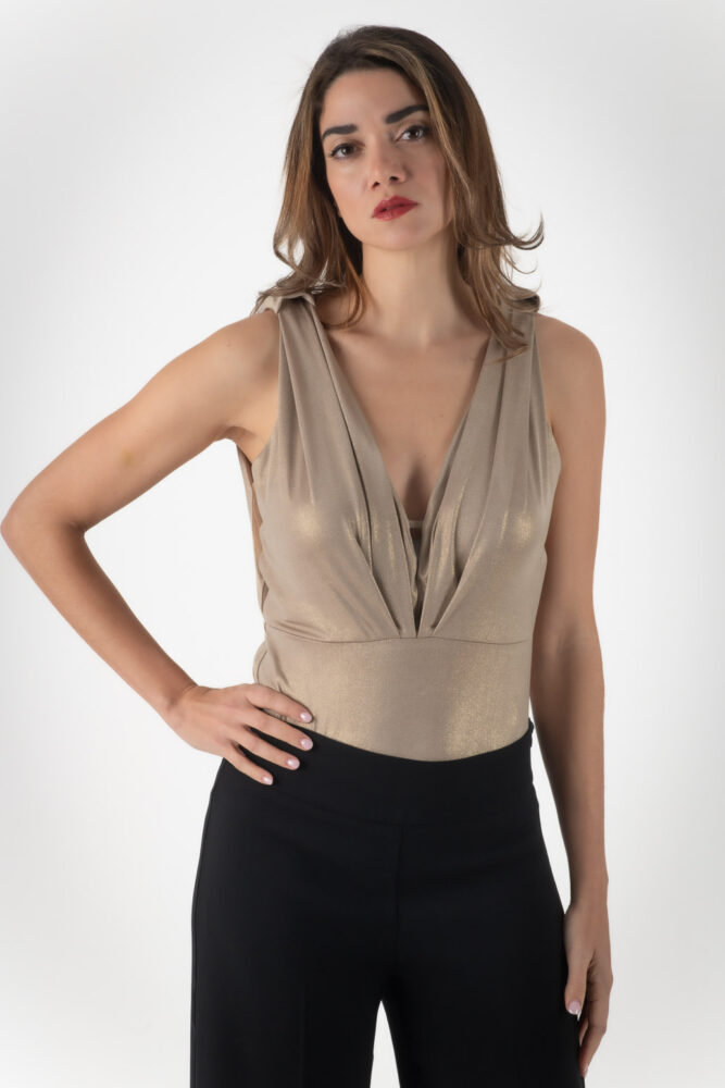 Mischalis Χρυσό Μπεζ Μεταλιζέ Κορμάκι με μαύρους φιόγκους - Image 3