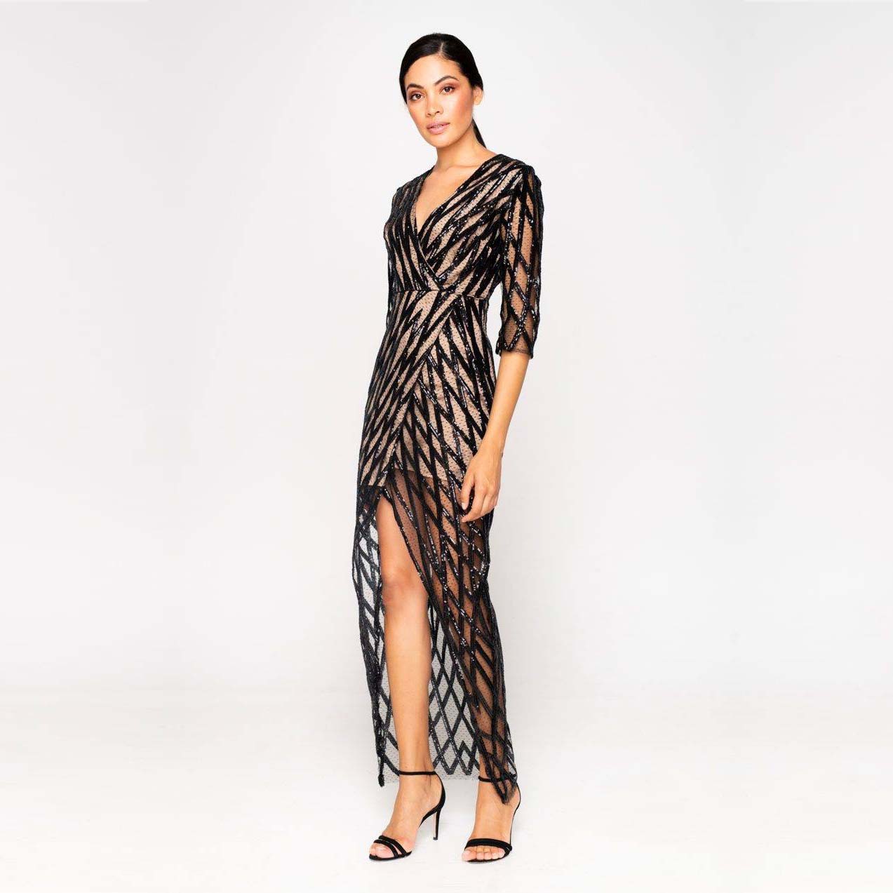 Lace Δαντελένιο Μαύρο Maxi Φόρεμα με Μπεζ Εσωτερική Φόδρα