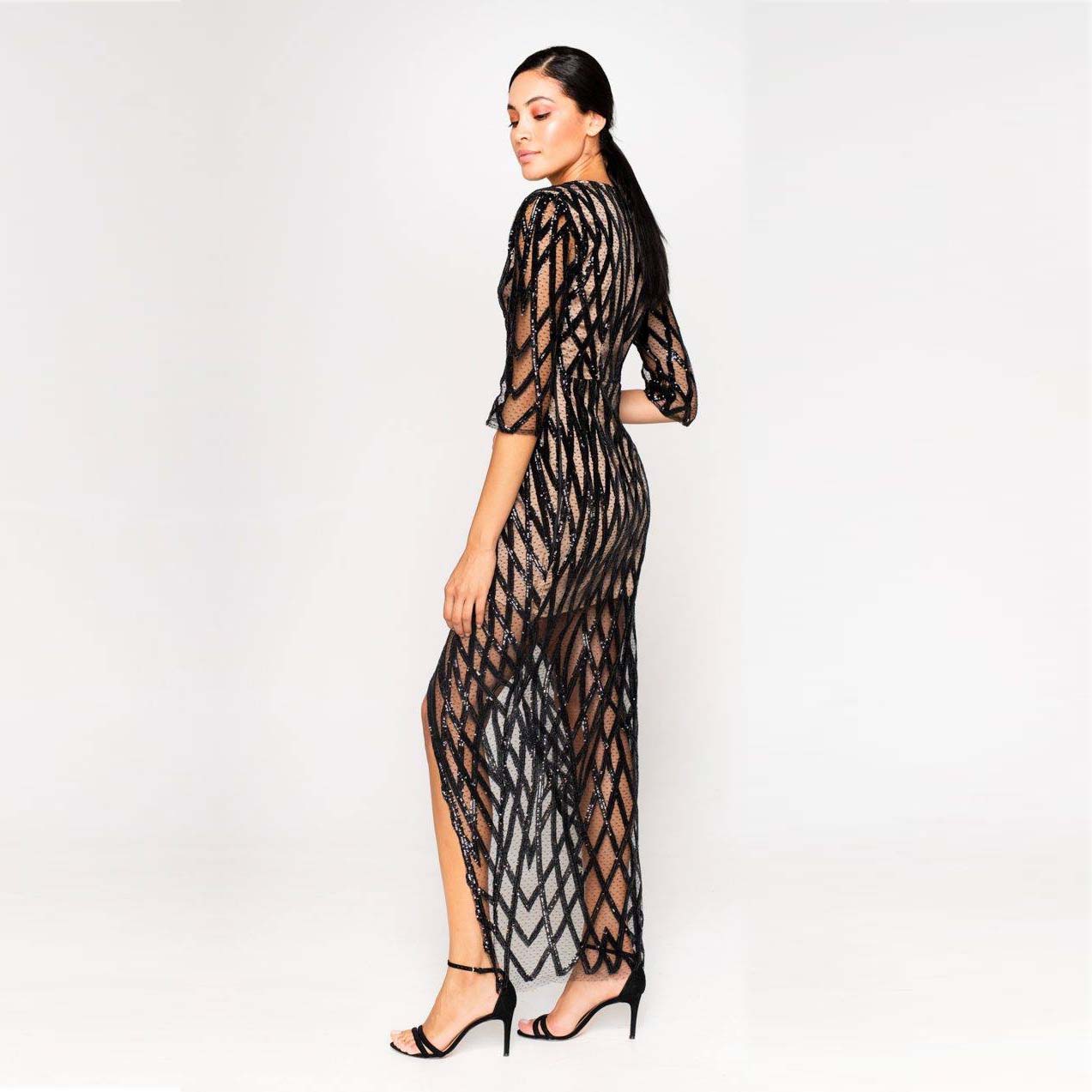 Lace Δαντελένιο Μαύρο Maxi Φόρεμα με Μπεζ Εσωτερική Φόδρα - Image 2