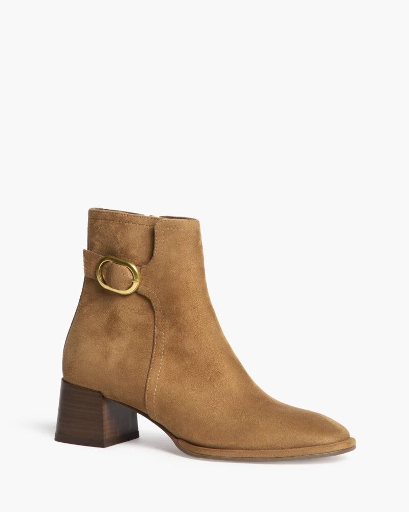 Corina Eco Leather Μπεζ Κάμελ Μποτάκι με τετράγωνο ξύλινο τακούνι